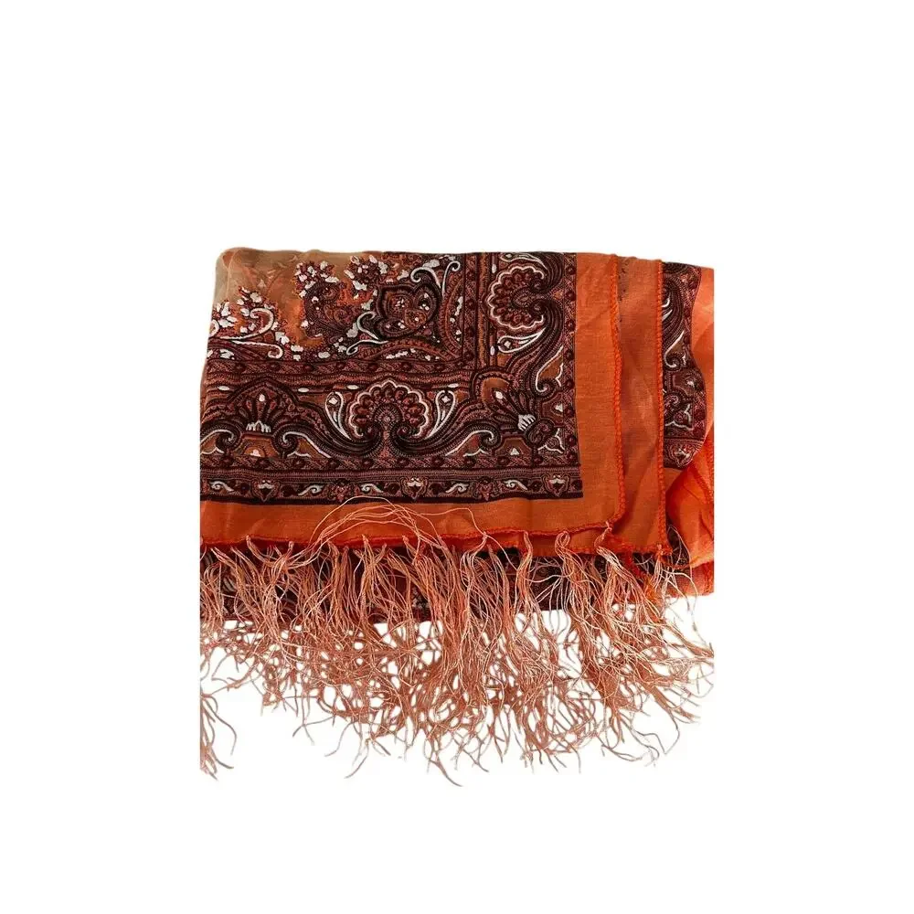 Womens Burnout Scarf Orange Brown Paisley Tassel Fringe Wrap Shawl Boho Festival